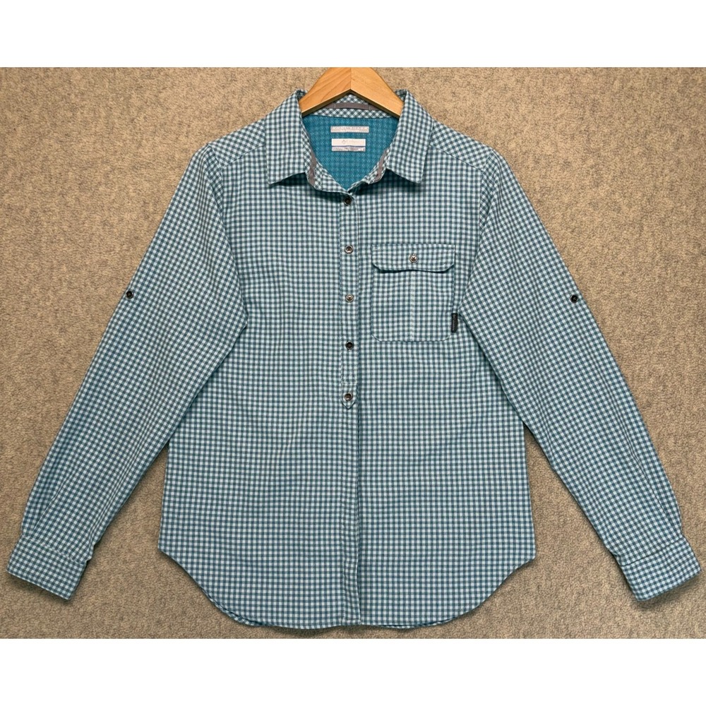Columbia Omni-Shade Mens Button Up Shirt Blue Gingham Check Long Sleeve M